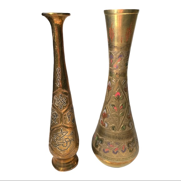 Vintage Brass Etched Floral Flower Vases Pair